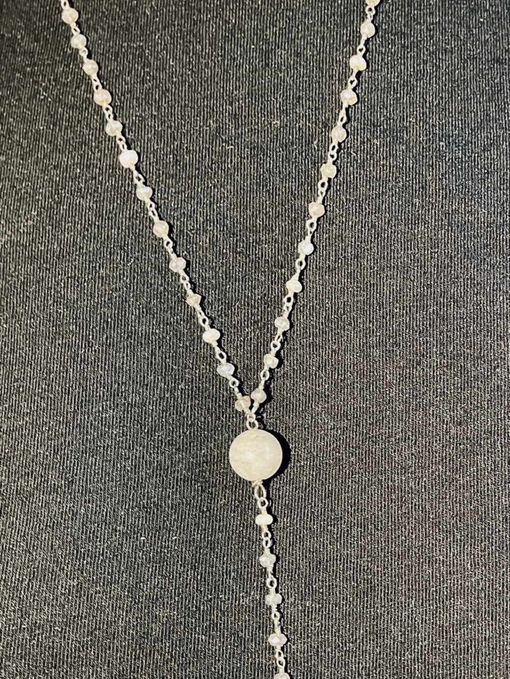 Delicate Rosary Beaded Lariat Necklace with Mother of Pearl Drop Pendant 32”